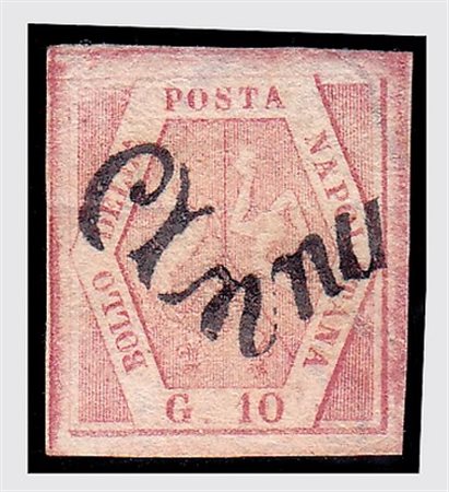 NAPOLI - 1858, 10 gr. carminio rosa II tavola (11) con parte di filigrana...
