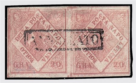 NAPOLI - 1858, 20 gr. rosa brunastro I tavola (12) coppia fresca e marginata....