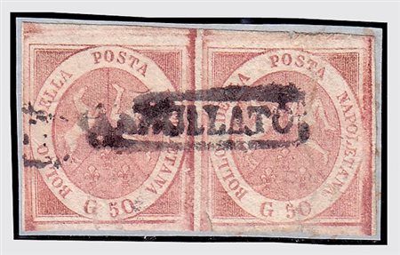 NAPOLI - 1858, 50 gr. brunastro (14) coppia orizzontale. Qualche difetto, da...