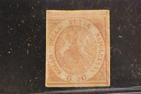 NAPOLI - 1858, 50 grana rosa carminio chiaro (14b) tr margini grandi, uno a...