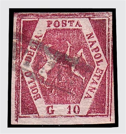 NAPOLI - 1860, Falsi d'epoca, 10 gr. carminio violaceo V tipo (F7a). (A....