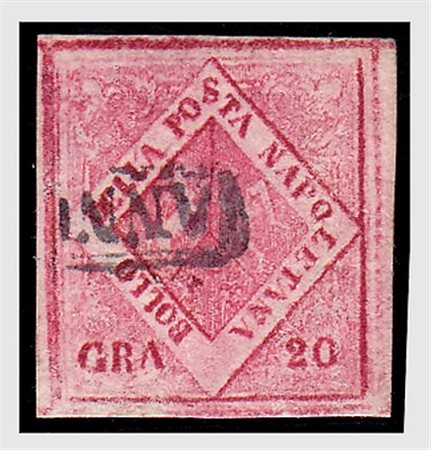 NAPOLI - 1859, Falsi d'epoca, 20 gr. carminio carta vergata II tipo (F9b)....