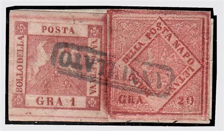 NAPOLI - 1860, Falsi d'epoca, 20 gr. carminio V tipo (F12) + 1 gr. II tavola...