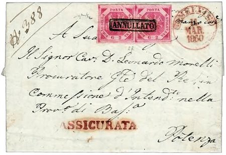 NAPOLI ANNULLAMENTI - 1860, MELFI annullato + cerchio rosso + ASSICURATA...