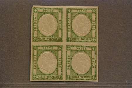 PROVINCE NAPOLETANE - 1861, 1/2 f. verde giallo (17e) quartina, gomma...