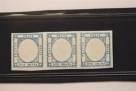 PROVINCE NAPOLETANE - 1861, 2 gr. azzurro chiaro (20) striscia di 3, uno con...
