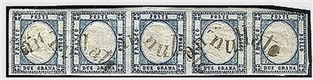 PROVINCE NAPOLETANE - 1861, 2 gr. azzurro (20b) striscia di 5 con annullo a...