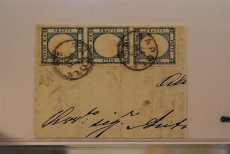 PROVINCE NAPOLETANE - 1861, 2 gr. azzurro (20b) striscia verticale di 3 su...