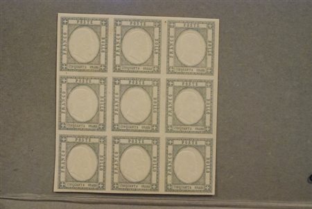 PROVINCE NAPOLETANE - 1861, 50 grana grigio perla (24) blocco di 9, gomma...