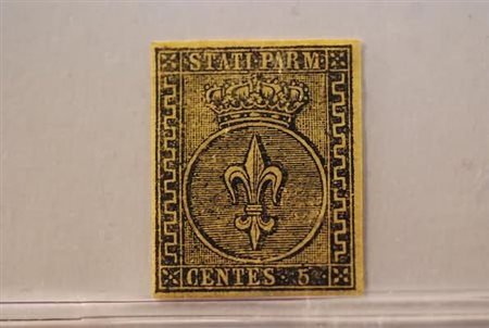 PARMA - 1852, 5 c. giallo arancio (1). (B.S.Oliva).(GOMMA ORIGINALE)