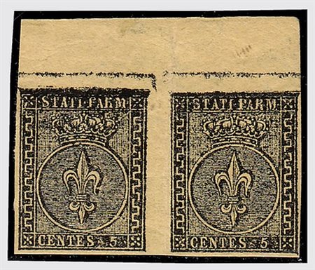 PARMA - 1852, 5 c. giallo arancio (1) coppia orizzontale con interspazio di...