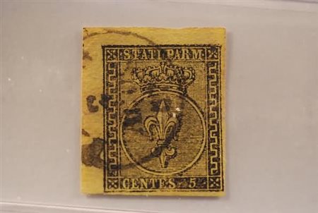 PARMA - 1852, 5 c. giallo arancio (1) angolo di foglio. Molto bello. (G.Oliva...
