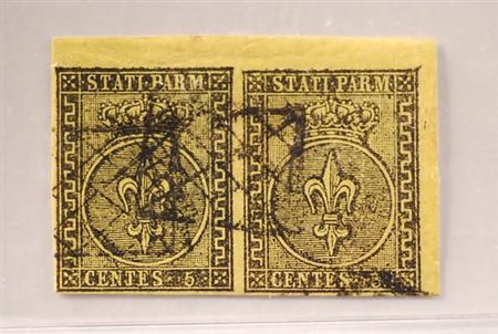PARMA - 1852, 5 c. giallo arancio (1) angolo di foglio, coppia molto bella....
