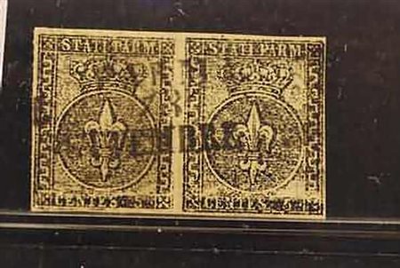PARMA - 1852, 5 c. giallo arancio (1) coppia orizzontale, stampa "povera" da...
