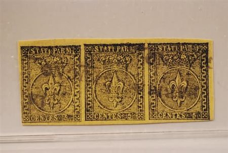 PARMA - 1852, 5 c. giallo arancio (1) striscia di tre, molto ben marginata....