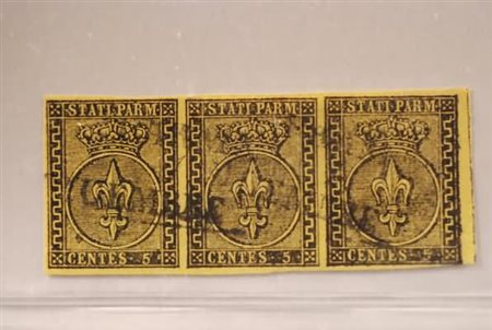 PARMA - 1852, 5 c. giallo arancio (1) striscia orizzontale di tre.(USATO)
