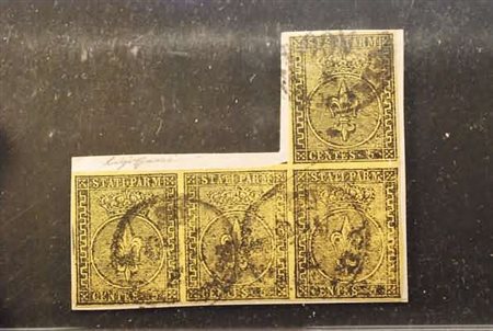 PARMA - 1852, 5 c. giallo arancio (1) striscia di quattro a seggiola usata su...