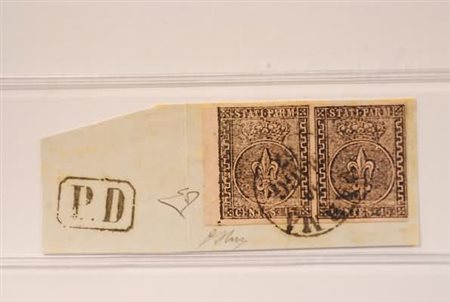 PARMA - 1857, 15 c.rosa (3) coppia margine di foglio su frammento annullato...