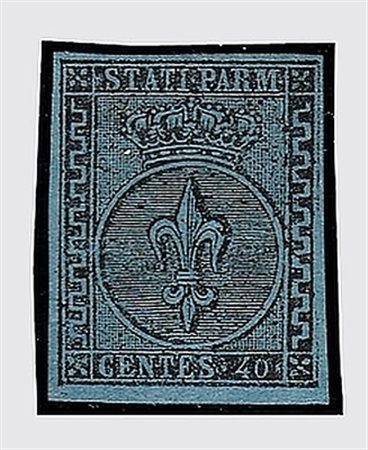 PARMA - 1852, 40 c. azzurro (5) senza gomma. (Em. Diena. A. Diena).(SENZA GOMMA)
