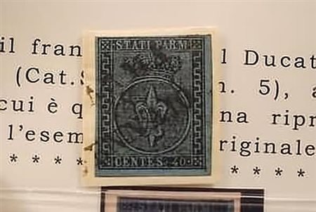 PARMA - 1852, 40 c. azzurro (5) su minimo frammento. (Mondolfo. Cert. R....