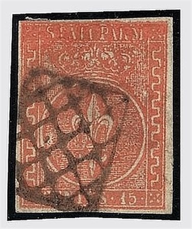 PARMA - 1853, 15 c. vermiglio (7). (Em. Diena. A Diena. Cert. R. Diena).(USATO)