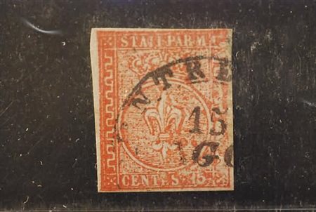 PARMA - 1853, 15 c. vermiglio (7) esemplare con interessante varietà di...