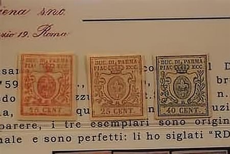 PARMA - 1857-59, III emissione 3 valori cpl. (9/11). (Cert. R. Diena).(GOMMA...