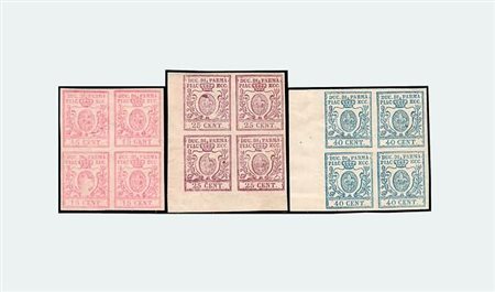 PARMA - 1857-59, Terza emissione, 3 valori cpl. (9/11) in blocchi di quattro....