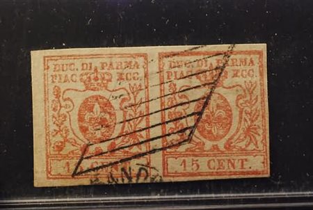 PARMA - 1859, 15 c.vermiglio (9) coppia orizzontale annullata con bollo a...