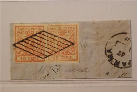 PARMA - 1859, 15 c.vermiglio (9) + 15 c.vermiglio chiaro (9a) in coppia su...