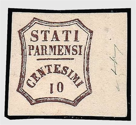 PARMA - 1859, 10 c. bruno "cifra 1 capovolta" (14b) margine di foglio a...