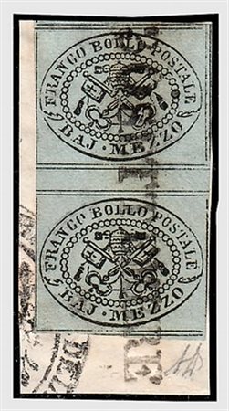 STATO PONTIFICIO - 1852, 1/2 baj grigio azzurro (1a) coppia verticale con...