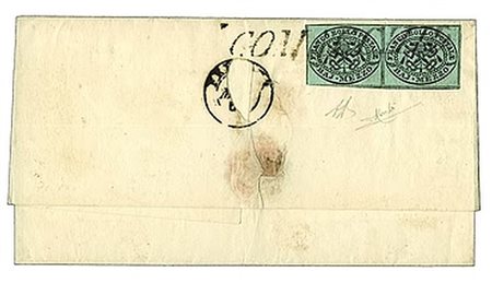 STATO PONTIFICIO - 1856, 1/2 baj grigio azzurro (1a) coppia annullata con il...
