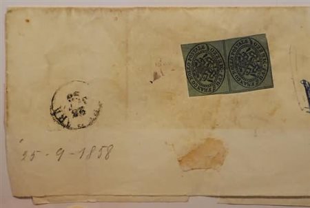 STATO PONTIFICIO - 1858, 1/2 bajocco grigio (1) coppia annullata con bollo...