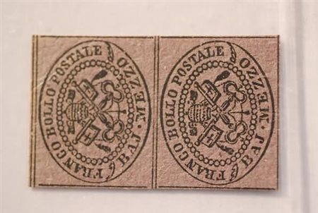 STATO PONTIFICIO - 1852, 1/2 baj violetto (1Aa) coppia verticale. (Cert. G....