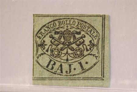 STATO PONTIFICIO - 1852, 1 baj verde grigiastro (2) nuovo senza gomma angolo...