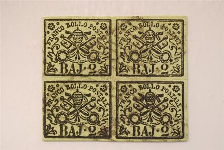 STATO PONTIFICIO - 1852, 2 baj verde oliva (3) blocco di quattro usato....