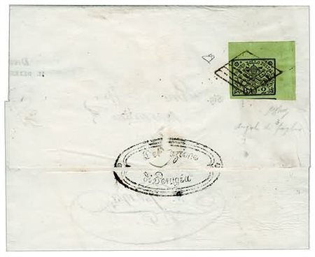 STATO PONTIFICIO - 1856, 2 baj verde oliva (3) con grande angolo di foglio su...