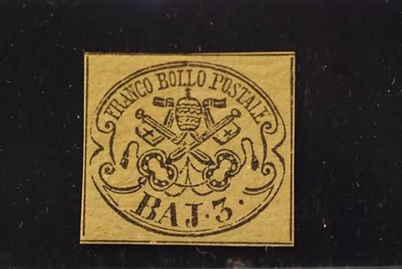 STATO PONTIFICIO - 1863, 3 baj giallo cromo (4A) quattro filetti completi....