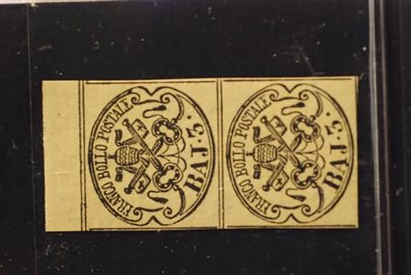 STATO PONTIFICIO - 1863, 3 baj giallo cromo (4A) coppia verticale margine di...