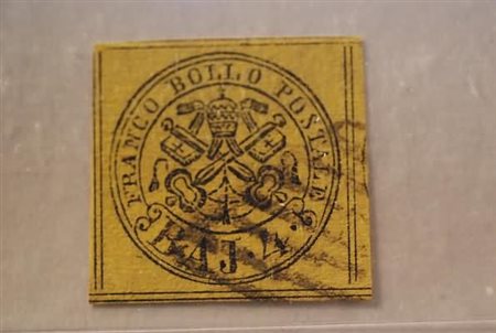 STATO PONTIFICIO - 1864, 4 baj giallo (5A) otto filetti quasi cpl.(USATO)