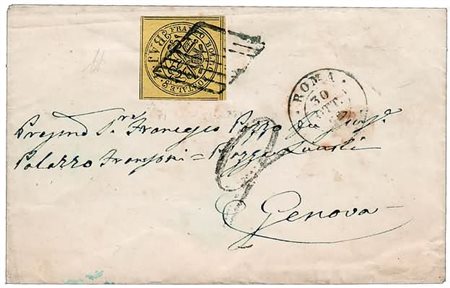 STATO PONTIFICIO - 1866, 4 baj giallo (5A) con 8 filetti su bustina da Roma...
