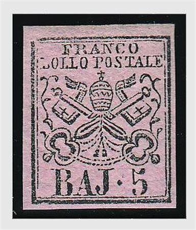 STATO PONTIFICIO - 1852, 5 baj rosa chiaro (6) gomma integra. Molto fresco....