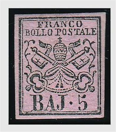 STATO PONTIFICIO - 1852, 5 baj rosa chiaro (6). Molto fresco. (A. Diena. G....
