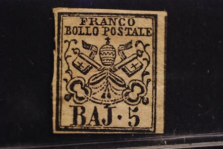 STATO PONTIFICIO - 1852, 5 baj bianco rosaceo (6a). (Cert. R. Diena).(GOMMA...