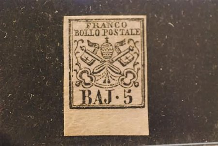 STATO PONTIFICIO - 1860, 5 baj rosa carminio (6A) margine di foglio in basso,...