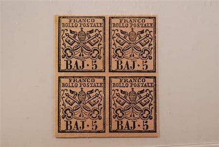 STATO PONTIFICIO - 1860, 5 baj rosa carminio (6A) fresco blocco di quattro....