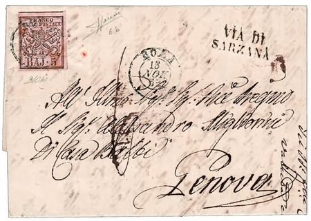 STATO PONTIFICIO - 1867, 5 baj rosa carminio (6A) coppia verticale, angolo di...