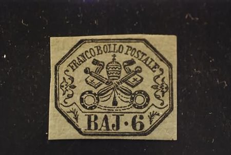 STATO PONTIFICIO - 1852, 6 baj grigio verdastro (7) molto bello. (Cert....