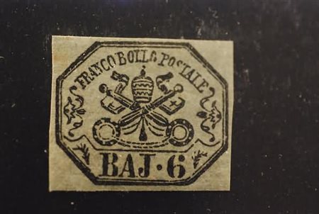 STATO PONTIFICIO - 1852, 6 baj grigio verdastro (7). fresco esemplare.(GOMMA...